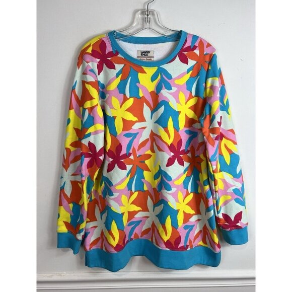 Lands End Serious Sweats Bold Floral Crewneck Sweatshirt Beach Colorful Large - Picture 2 of 8